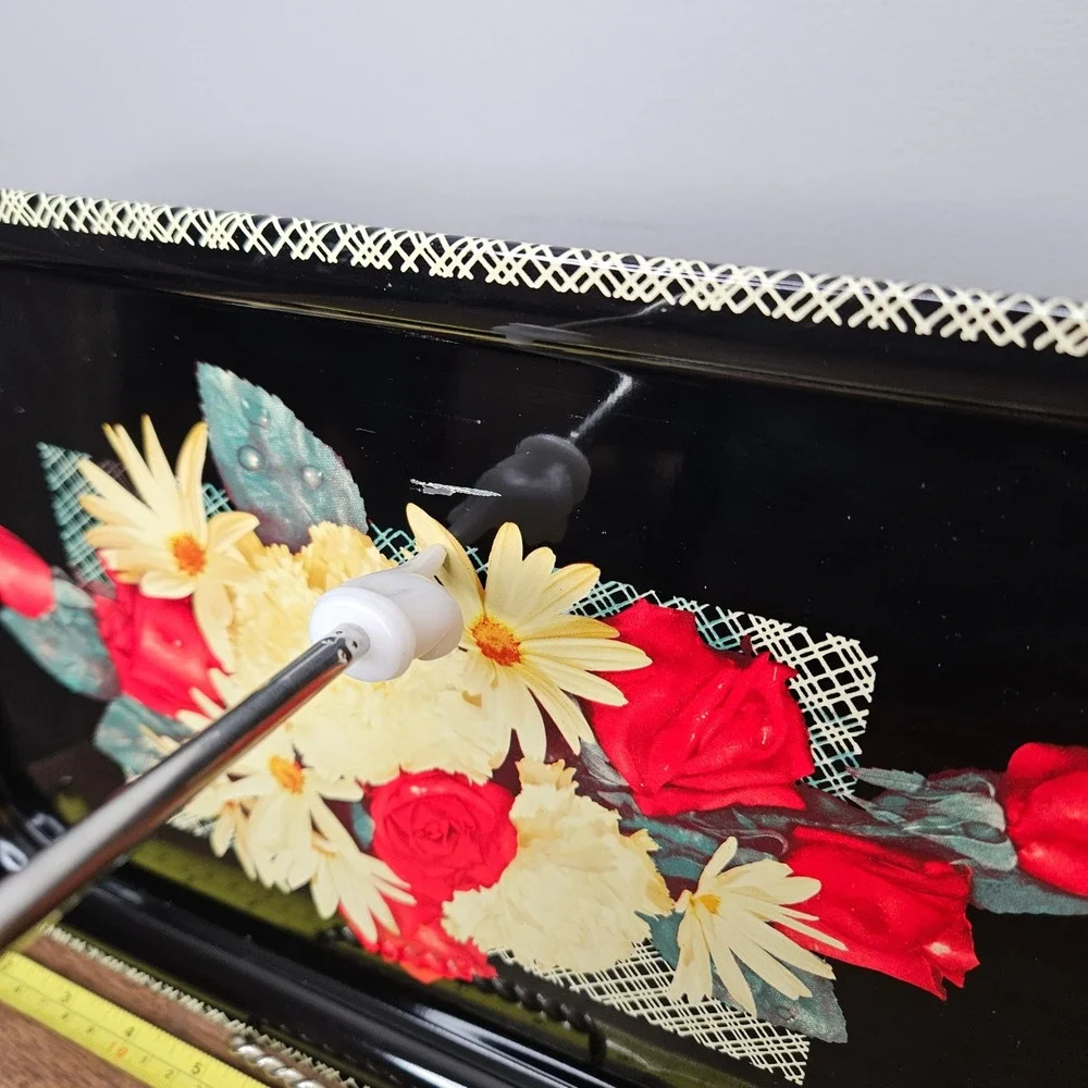 Vintage Black Metal Floral Serving Tray Roses Daisies Lattice Border 13.5x8.5